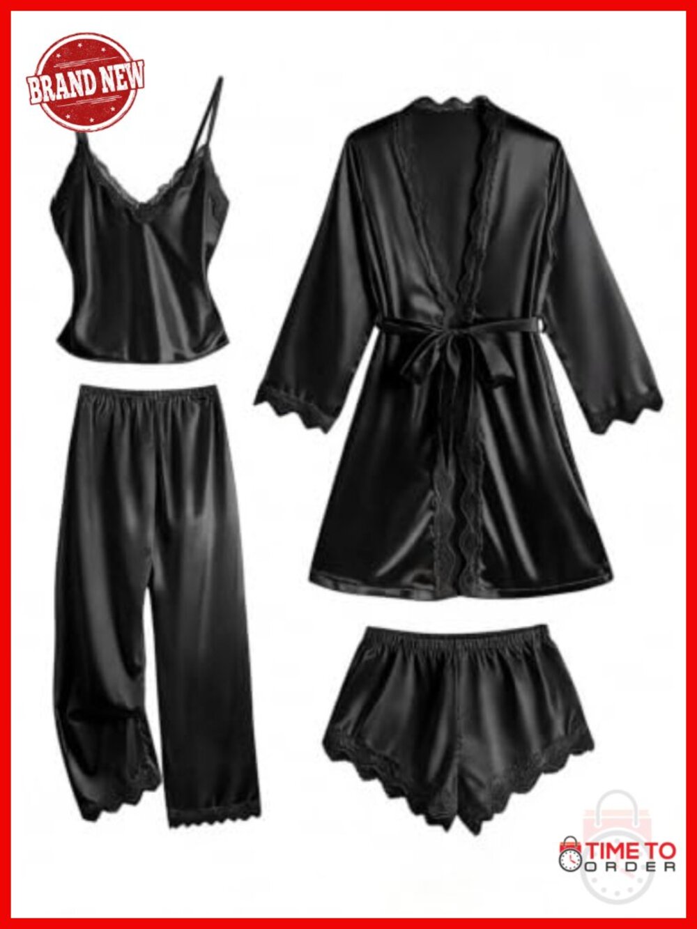 Silky Satin Pajama Set 4 Piece Lace Robe Camisole Shorts Pants Lounge